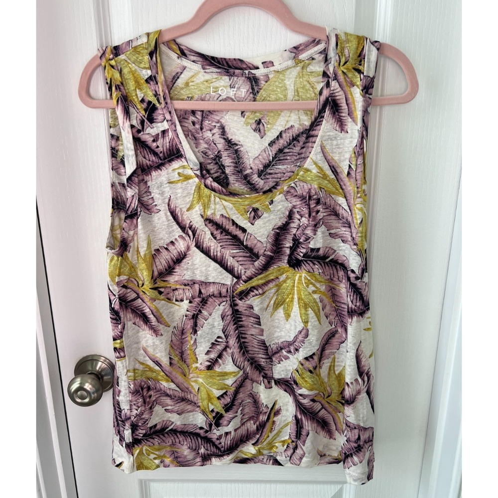 LOFT Linen‎ Womens Top Tropical Palm Floral Purple Green Sleeveless Sz M